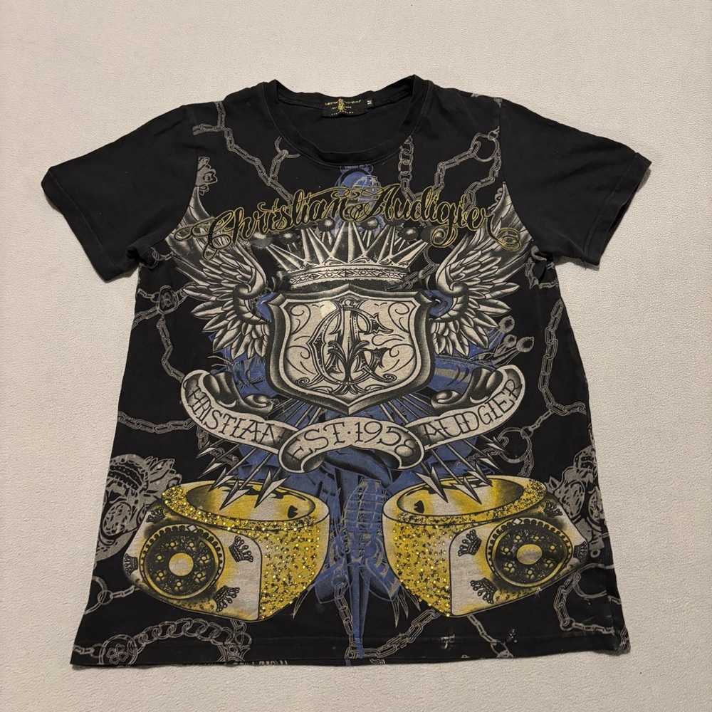 Christian Audigier Ed Hardy T Shirts Black Medium Y2K Grunge‎ Gothic Skull AOP